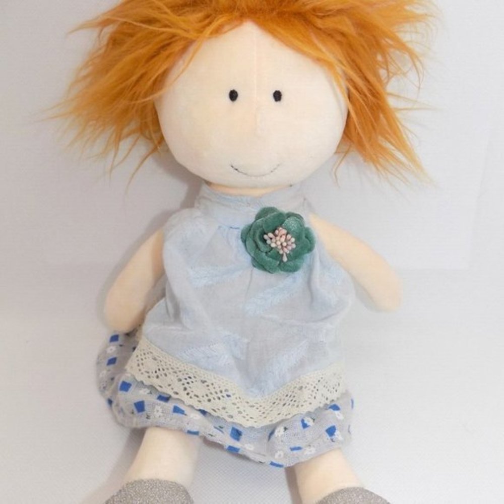 Luck Beier Plush Rag Doll Orange Yarn Hair Blue Dress Silver Glitter Shoes